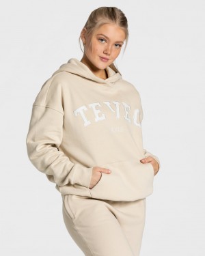 Beige Teveo College Oversized Women's Hoodie | UK-DPCX56803