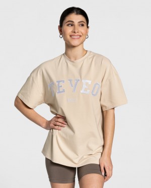 Beige Teveo College Oversized Women's T-Shirt | UK-CGWY83175