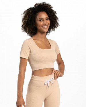 Beige Teveo Ribbed Crop Women's Tops | UK-YGDE18073