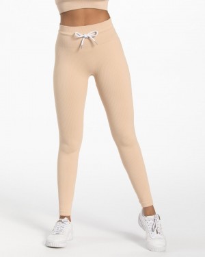 Beige Teveo Ribbed Women's Leggings | UK-PGZL81745