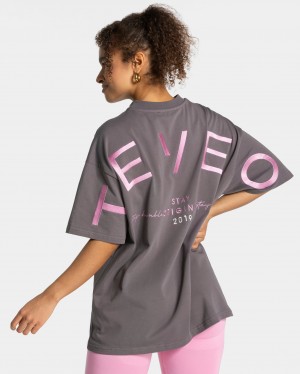 Black Grey Teveo Signature Oversized Women's T-Shirt | UK-BVHI16920