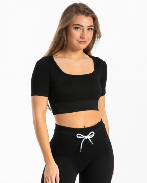 Black Teveo Ribbed Crop Women's Tops | UK-BOGR25410