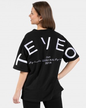 Black Teveo Signature Oversized Women's T-Shirt | UK-JVLT31698