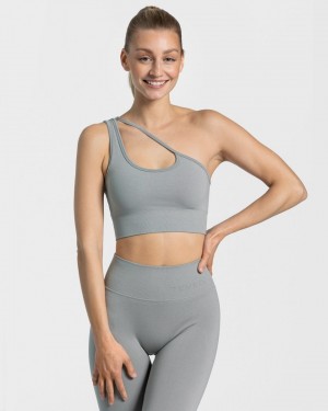 Grey Blue Teveo Sassy One Shoulder Women's Sports Bra | UK-EIPU56937