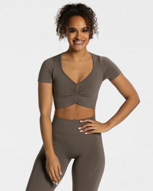 Grey Brown Teveo Focus Crop Women's Tops | UK-LBJU34815