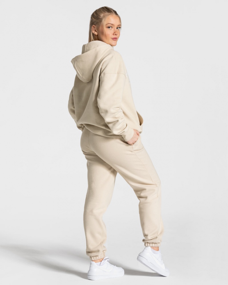 Beige Teveo College Oversized Women's Hoodie | UK-DPCX56803