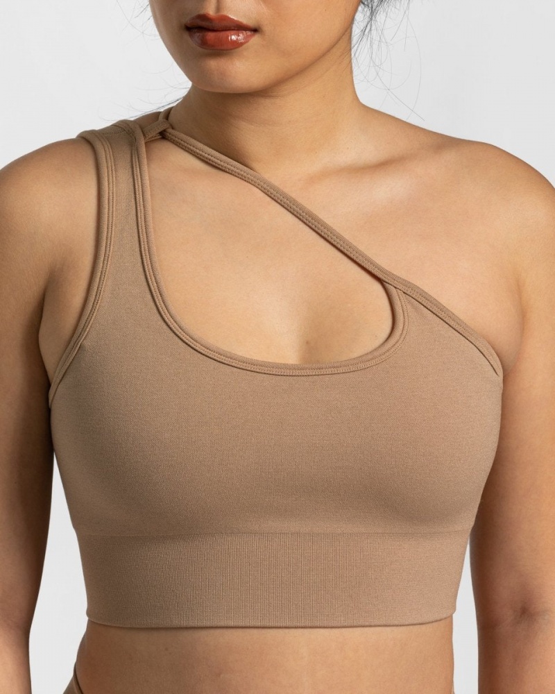 Beige Teveo Sassy One Shoulder Women's Sports Bra | UK-BRUH76351