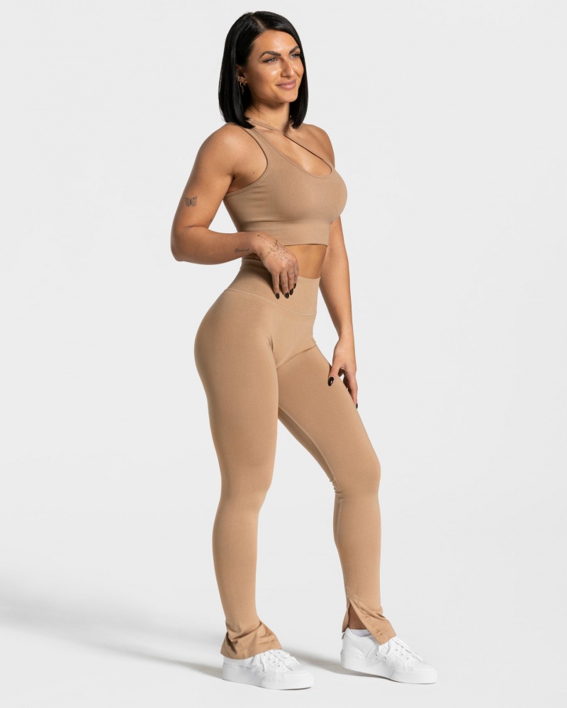 Beige Teveo Sassy Slit Women's Leggings | UK-LUFH06725