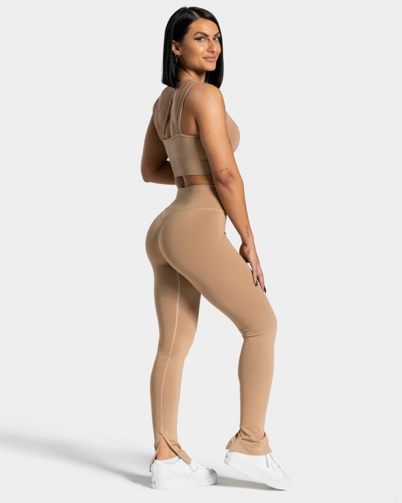 Beige Teveo Sassy Slit Women's Leggings | UK-LUFH06725