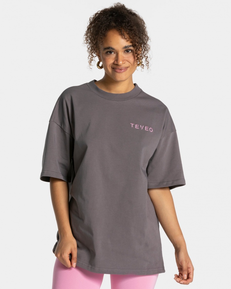 Black Grey Teveo Signature Oversized Women's T-Shirt | UK-BVHI16920