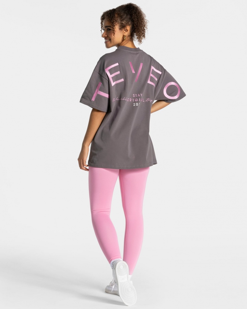 Black Grey Teveo Signature Oversized Women's T-Shirt | UK-BVHI16920