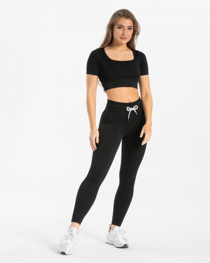 Black Teveo Ribbed Crop Women's Tops | UK-BOGR25410