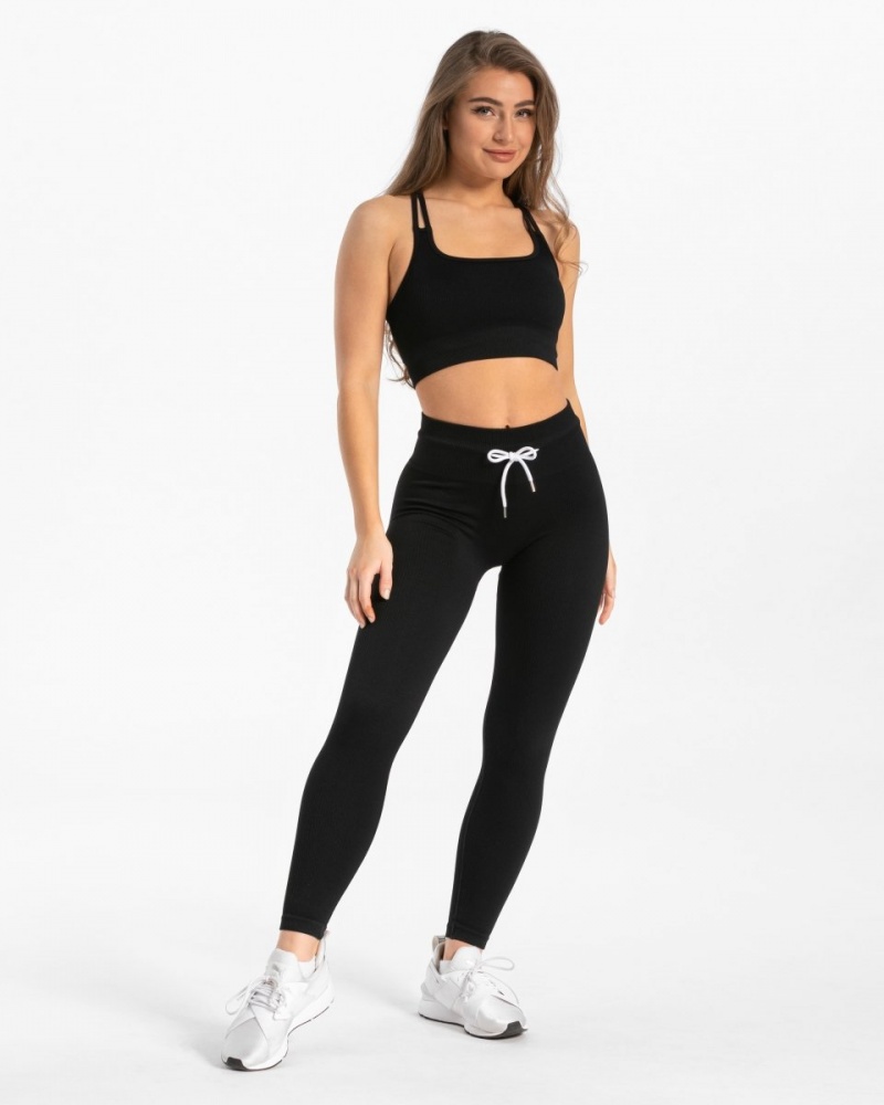 Black Teveo Ribbed Women's Leggings | UK-TGWO57269