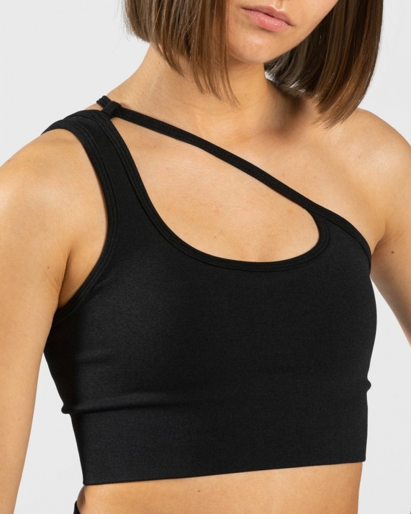 Black Teveo Sassy One Shoulder Women's Sports Bra | UK-UQMK16927