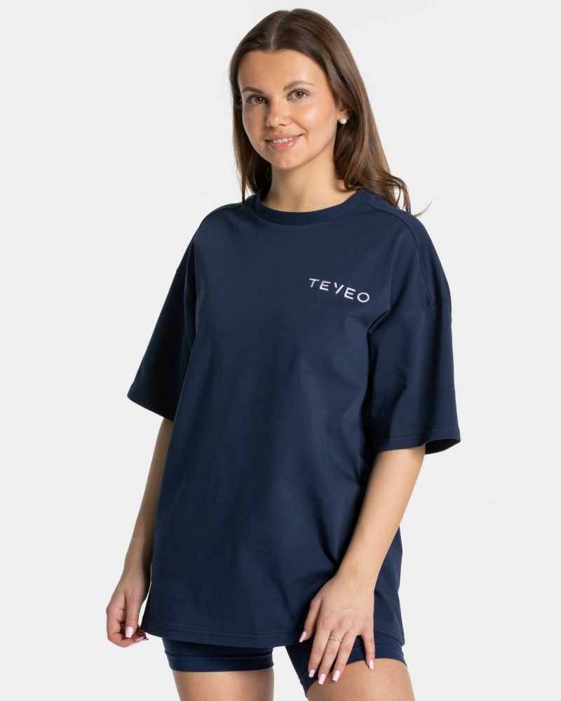 Dark Blue Teveo Signature Oversized Women's T-Shirt | UK-XWUO06245