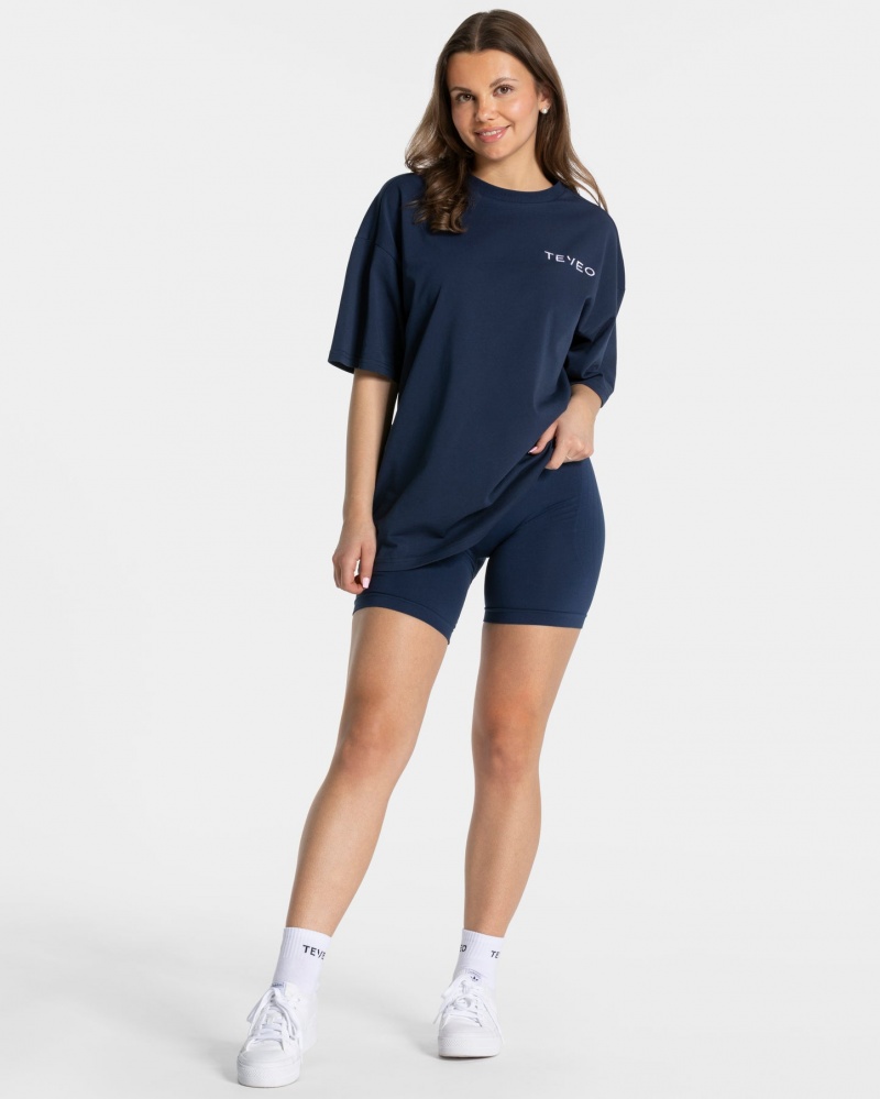 Dark Blue Teveo Signature Oversized Women's T-Shirt | UK-XWUO06245