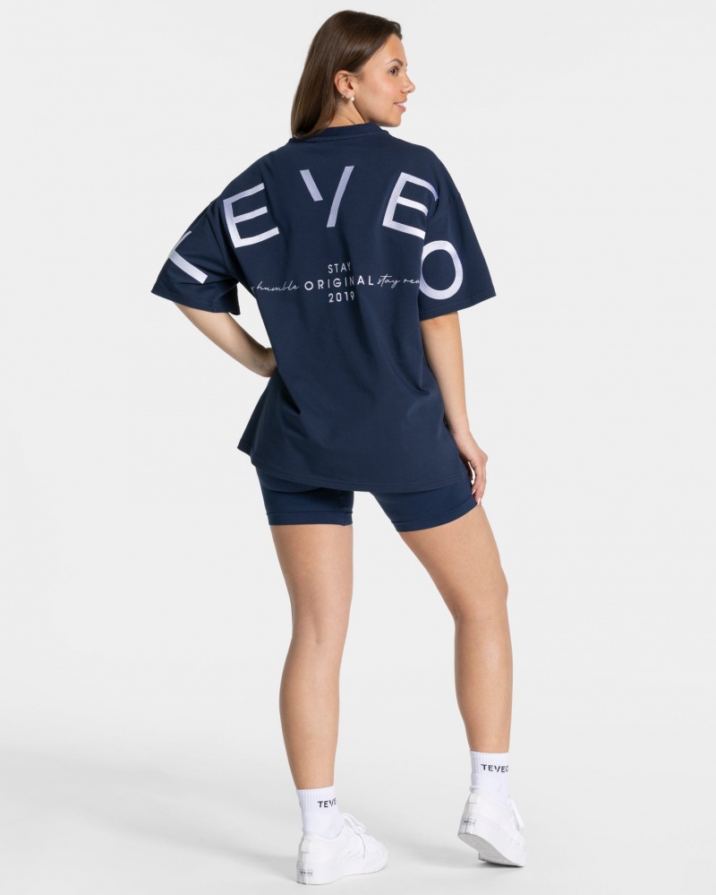 Dark Blue Teveo Signature Oversized Women's T-Shirt | UK-XWUO06245