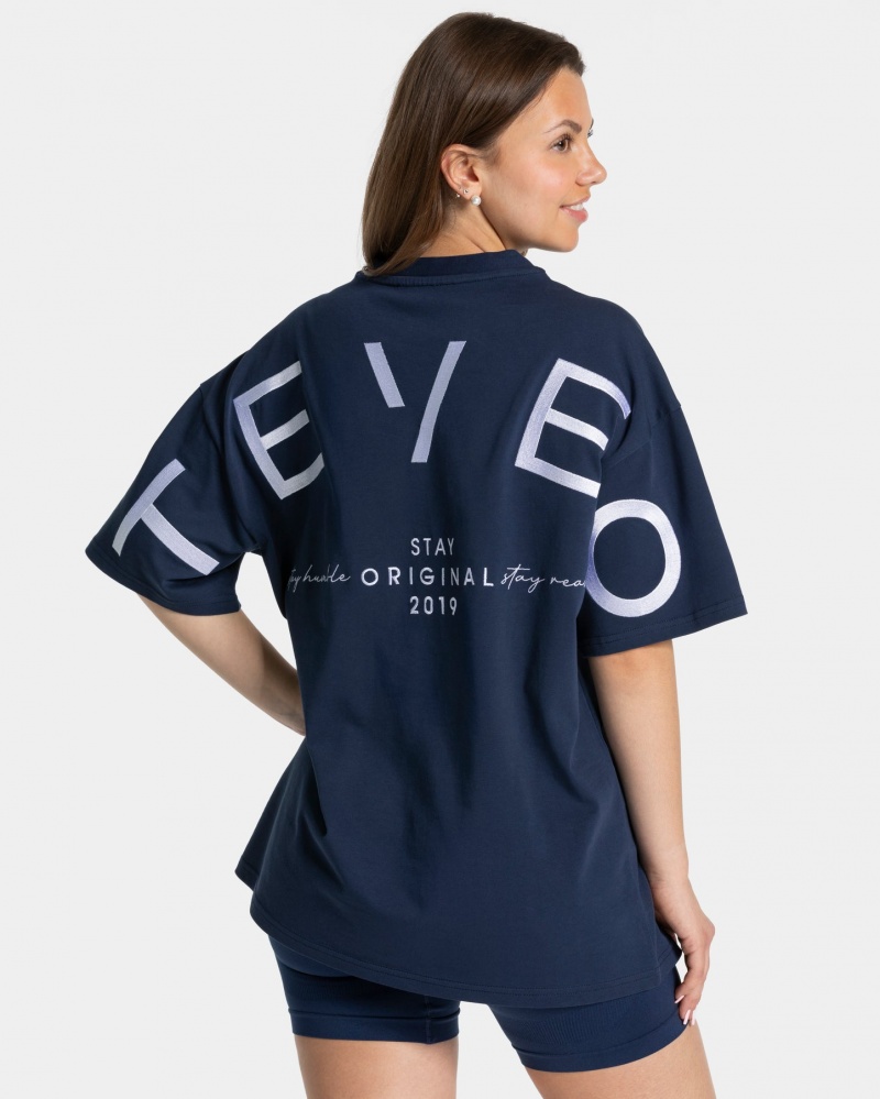 Dark Blue Teveo Signature Oversized Women\'s T-Shirt | UK-XWUO06245