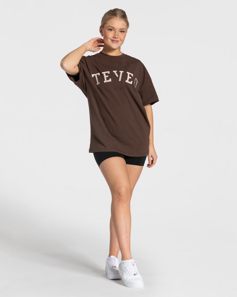 Dark Brown Teveo College Oversized Women's T-Shirt | UK-PKLE97801