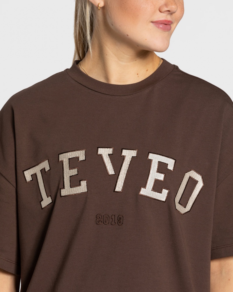 Dark Brown Teveo College Oversized Women's T-Shirt | UK-PKLE97801