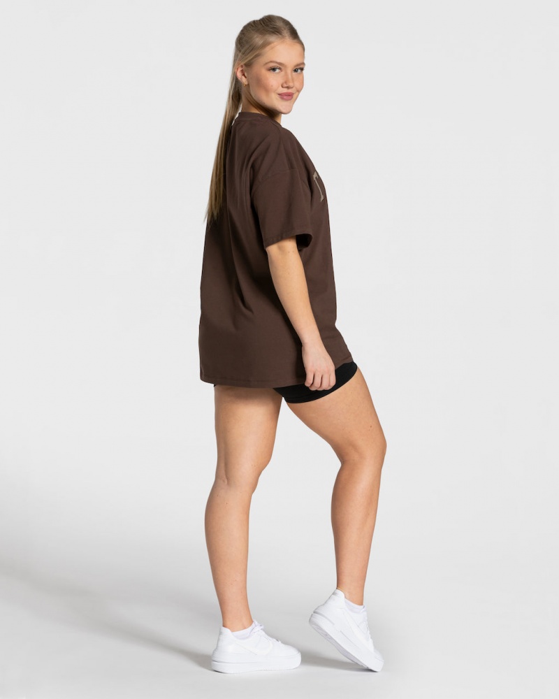 Dark Brown Teveo College Oversized Women's T-Shirt | UK-PKLE97801