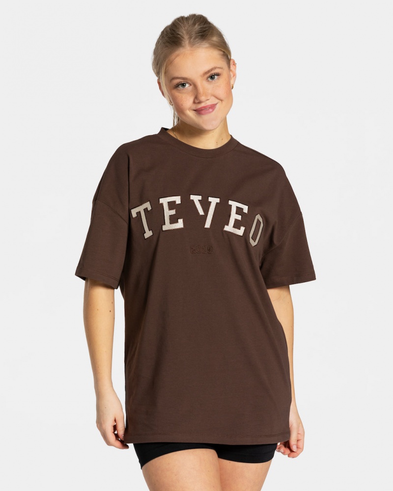 Dark Brown Teveo College Oversized Women\'s T-Shirt | UK-PKLE97801