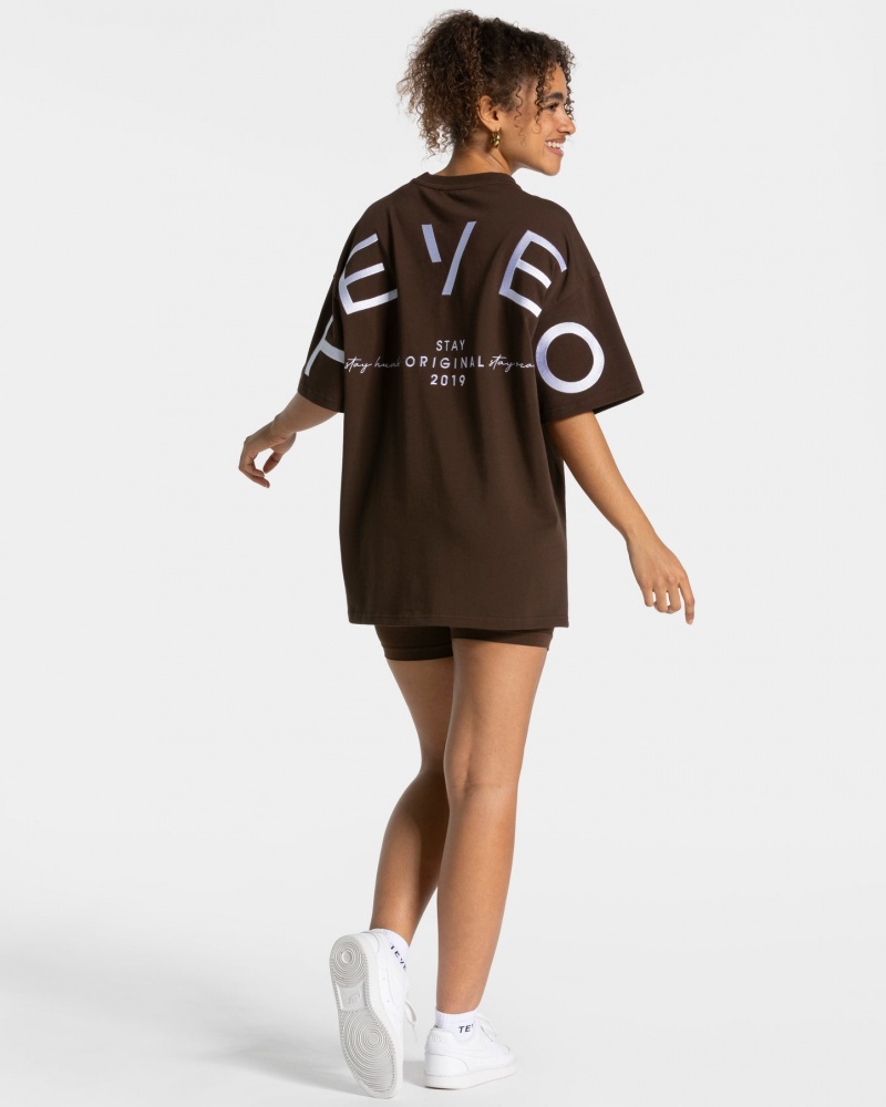 Dark Brown Teveo Signature Oversized Women's T-Shirt | UK-HROL82530