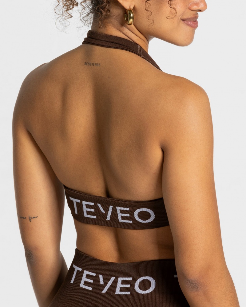 Dark Brown Teveo Signature Twisted Women's Sports Bra | UK-OXDA38701