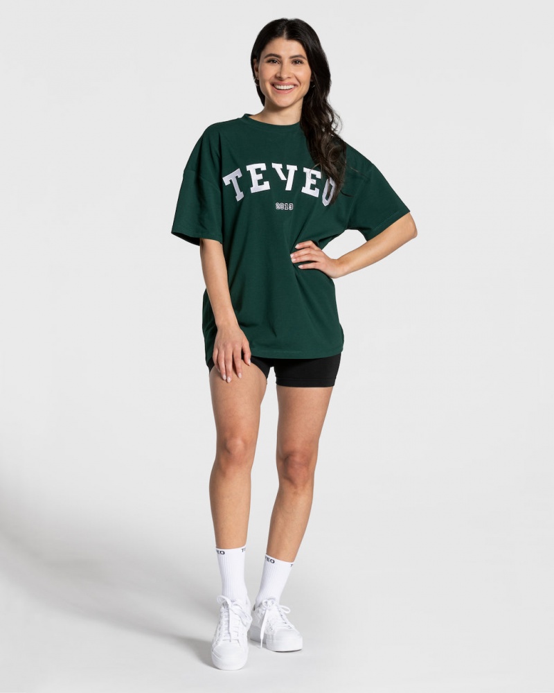 Dark Green Teveo College Oversized Women's T-Shirt | UK-TFZE97421