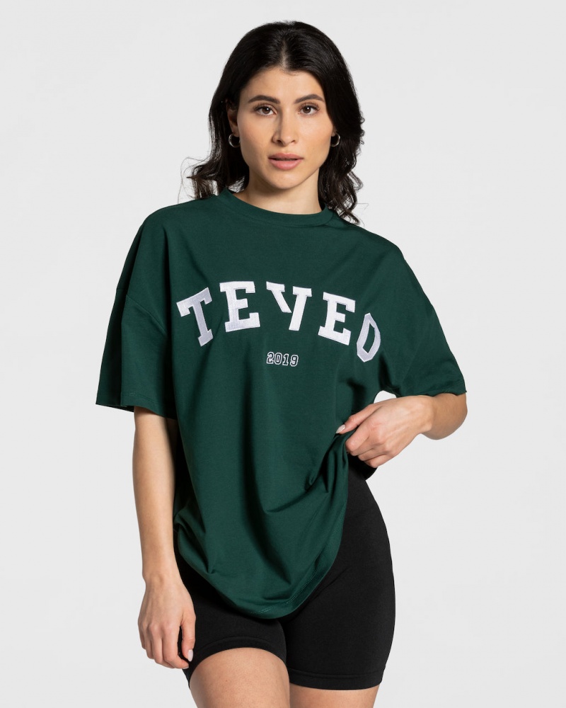 Dark Green Teveo College Oversized Women\'s T-Shirt | UK-TFZE97421