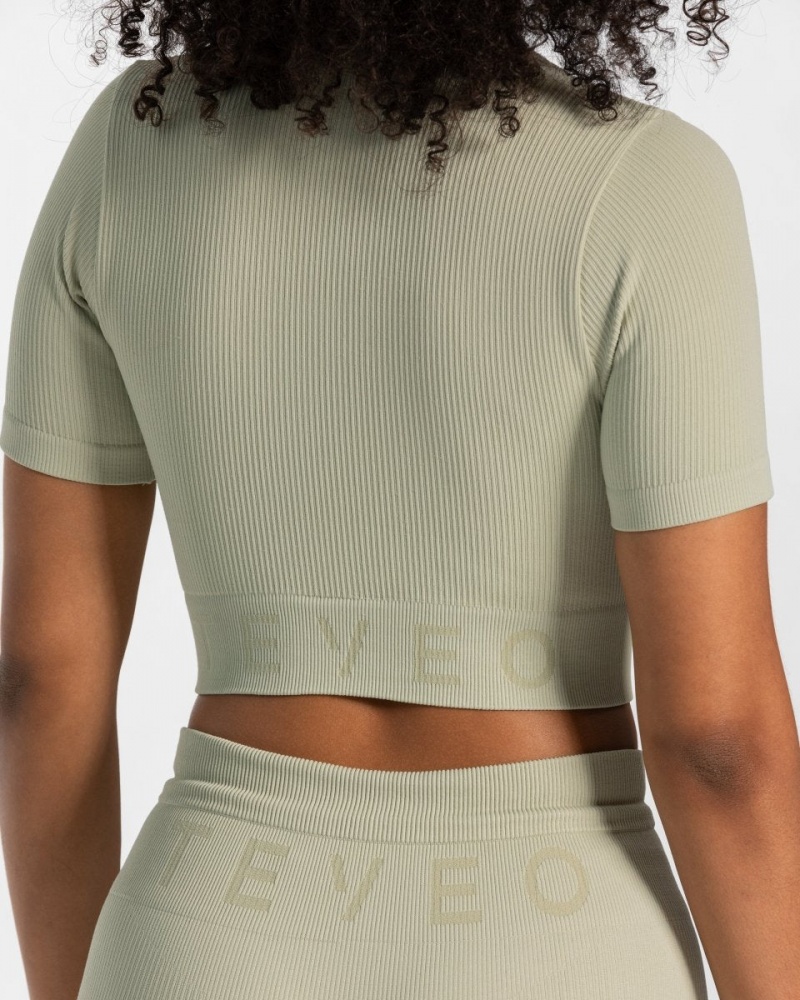 Dark Green Teveo Ribbed Crop Women's Tops | UK-OMIA29817