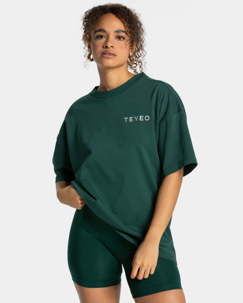 Dark Green Teveo Signature Oversized Women's T-Shirt | UK-ZWFX80492