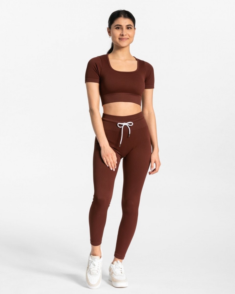 Red Brown Teveo Ribbed Women's Leggings | UK-ECDA17485