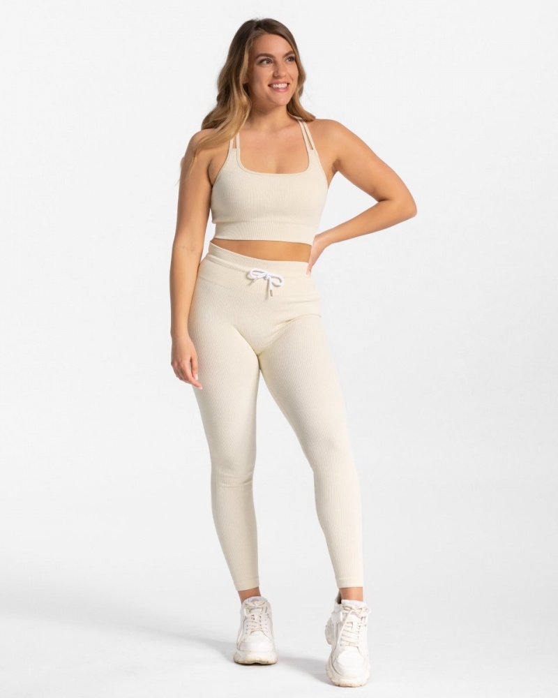 White Teveo Ribbed Women's Leggings | UK-JBVG86593